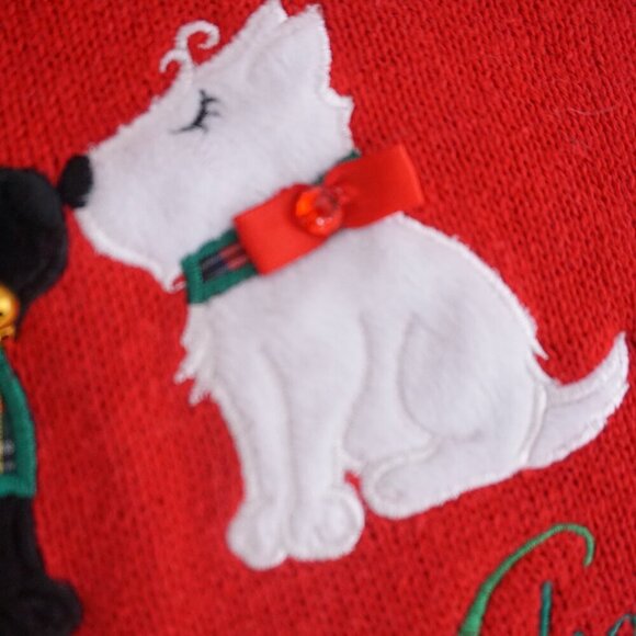 Vintage Merry Bright Red Embroidered Kissing Dogs Christmas Cheer Sweater PXL - Picture 11 of 12
